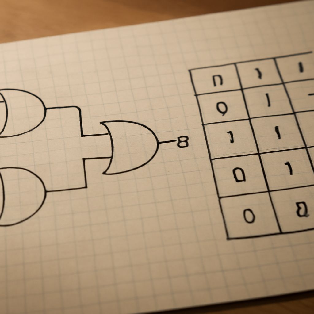 A reference chart of logic gate truth tables for AND, OR, NOT, NAND, NOR, XOR, and XNOR