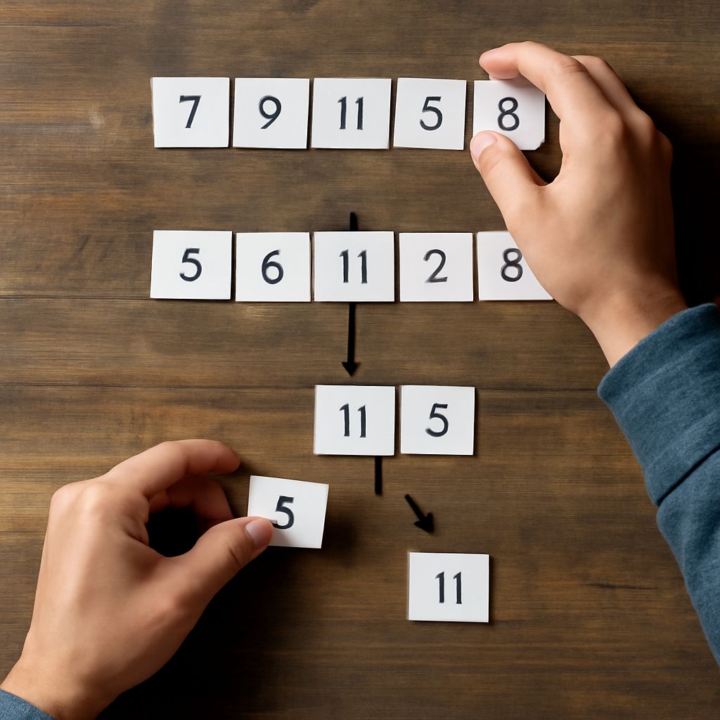 Quicksort partition trace showing a pivot and recursive subarrays